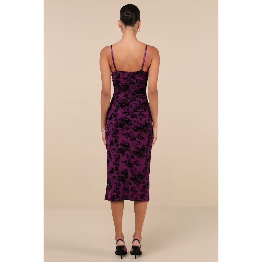 LULU'S NWT Decadent Flirt Purple Mesh Velvet Ruched Bodycon Midi Dress Size XL - Picture 7 of 14